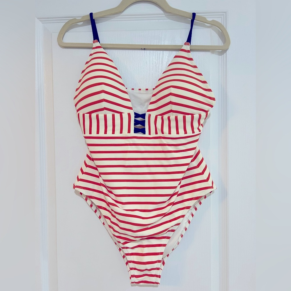 J. Crew - V-neck criss cross one piece in textured stripe